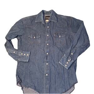 Wrangler Denim Western Shirt Long Sleeve Pearl Snap Blue Cotton Men M